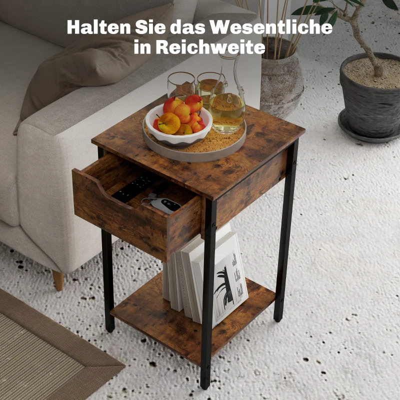 HOMCOM Bijzettafel in Industriële Stijl, Lade, Opbergvak, Metalen Frame, Hout, 40 x 40 x 68 cm, Bruin