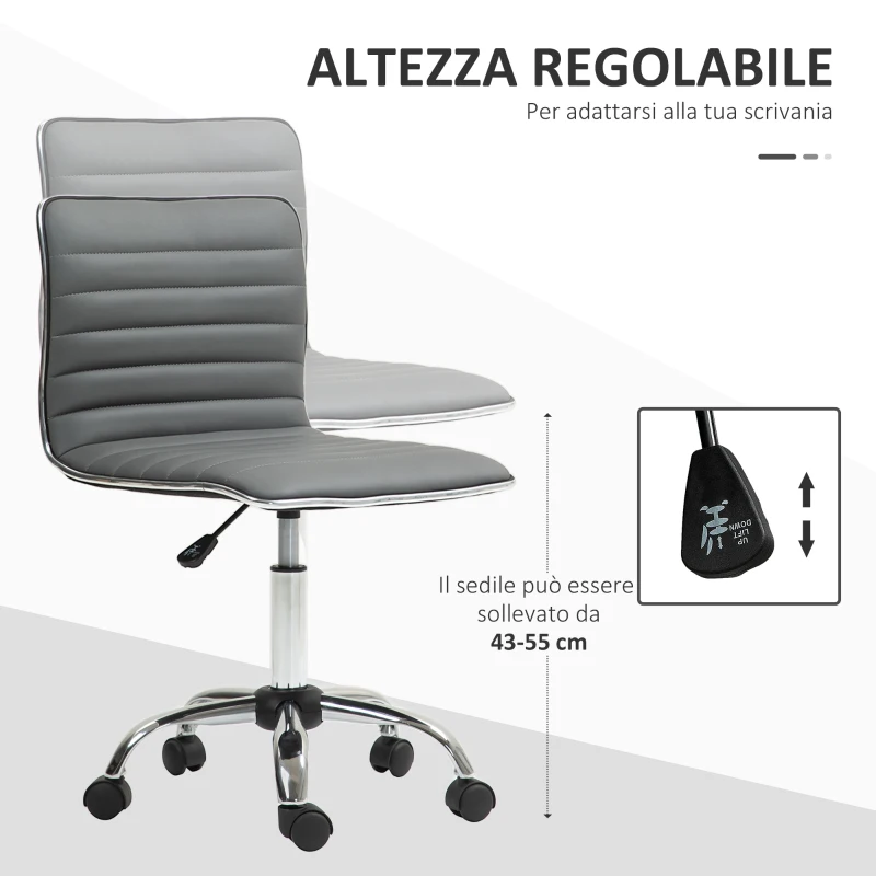 HOMCOM Sedia da Ufficio Ergonomica in Pelle PU con Altezza Regolabile, Seduta Girevole e Ruote, Grigio Scuro