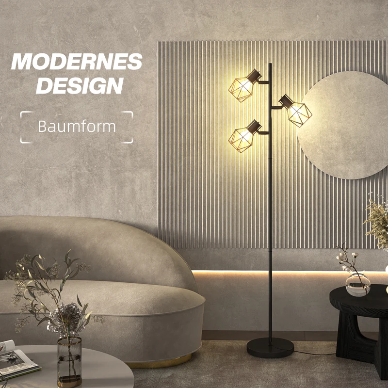 HOMCOM Lampa stojąca z 3 regulowanymi elementami oświetleniowymi, struktura przypominająca drzewo, do salonu i sypialni, metal, Kolor Czarny