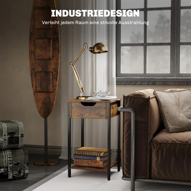 HOMCOM Bijzettafel in Industriële Stijl, Lade, Opbergvak, Metalen Frame, Hout, 40 x 40 x 68 cm, Bruin