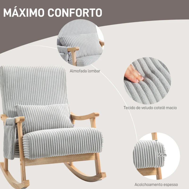 HOMCOM Poltrona Baloiço Moderna em Veludo Cotelê com Apoio para os Braços Almofada Lombar e Bolso Poltrona de Amamentação 65x90x98 cm Cinza