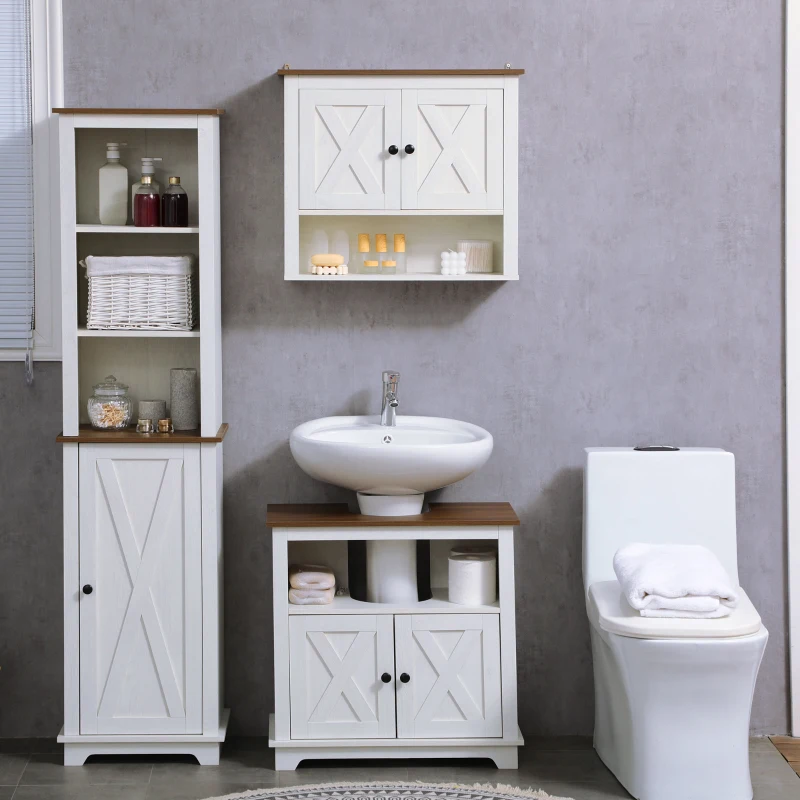 kleankin Armário Casa de Banho de Parede com 2 Portas e Prateleiras de Armazenamento 60x19,5x52,5 cm Branco e Madeira