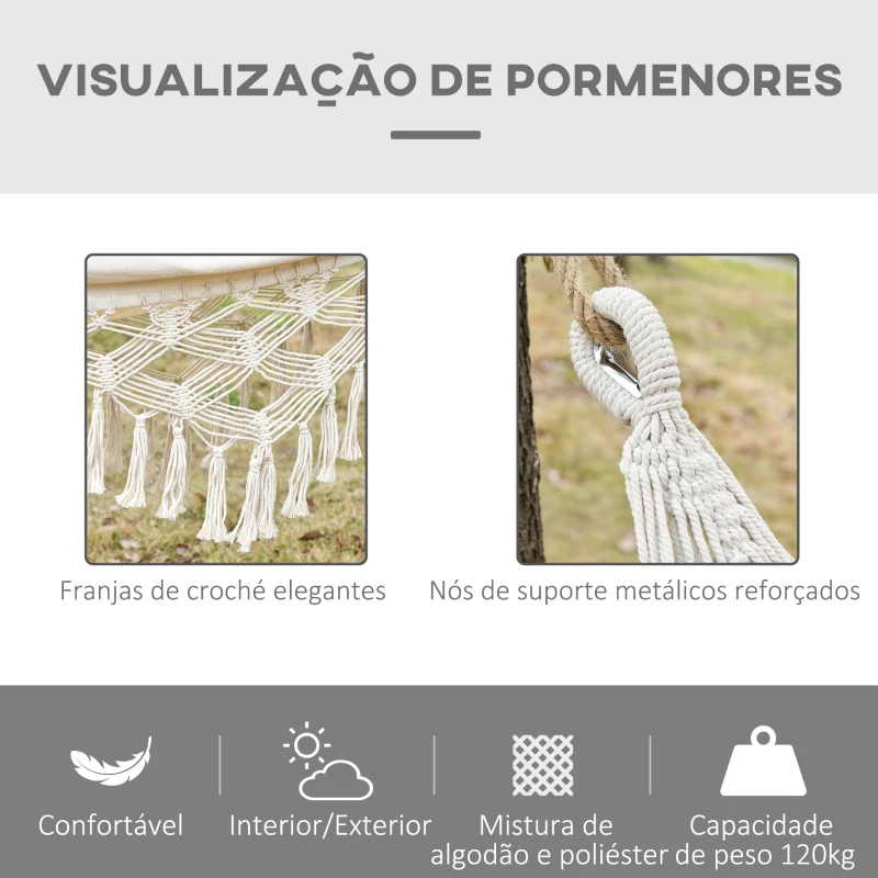 Outsunny Cama de Rede Suspensa 288x150 cm de Algodão com Bolsa de Transporte Capacidade 180 kg para Pátio Terraço Campismo Creme