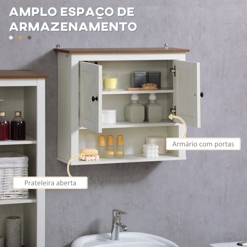 kleankin Armário Casa de Banho de Parede com 2 Portas e Prateleiras de Armazenamento 60x19,5x52,5 cm Branco e Madeira