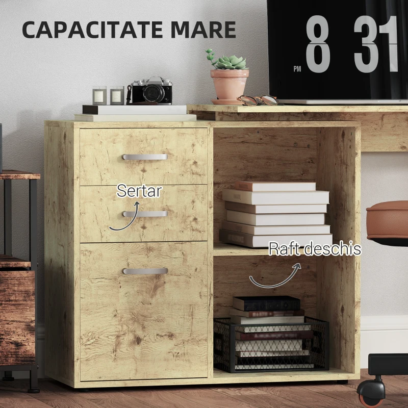 HOMCOM Birou de Colț pentru PC cu 2 Sertare și Rafturi Deschise, Birou de Colț în Formă de L, 117x83,5x76 cm, Lemn Natural