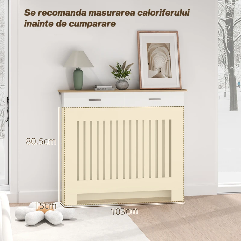HOMCOM Carcasă pentru Calorifer din Șipci Anti-Răsturnare cu Sertar pentru Depozitare, 112x19x97 cm, Alb(m-7)