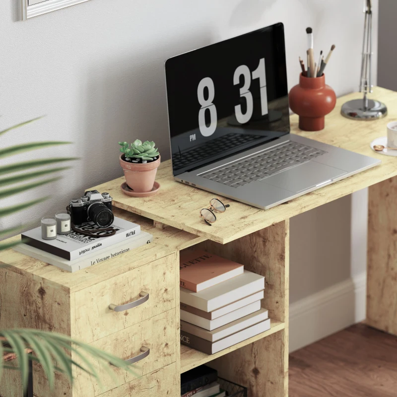 HOMCOM Birou de Colț pentru PC cu 2 Sertare și Rafturi Deschise, Birou de Colț în Formă de L, 117x83,5x76 cm, Lemn Natural