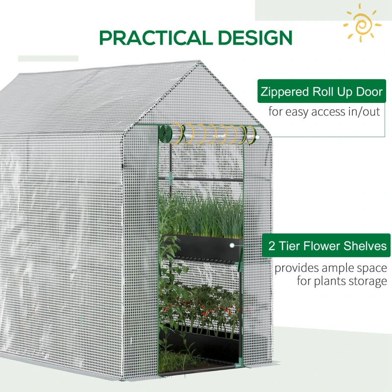 Outsunny Walk-in Greenhouse with 2 Tier 4 Shelves, Small Greenhouse with Reinforced PE Cover, Garden Plant Growhouse with Roll-up Door, 120 x 186 x 190 cm, White