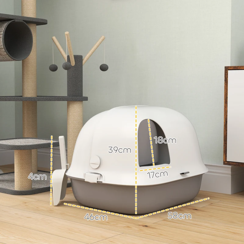 PawHut Kattenbak met Deksel, Gesloten Kattentoilet met Intern Kanaal, Deur, Schep, Makkelijk te Reinigen, Kunststof, Lichtgrijs