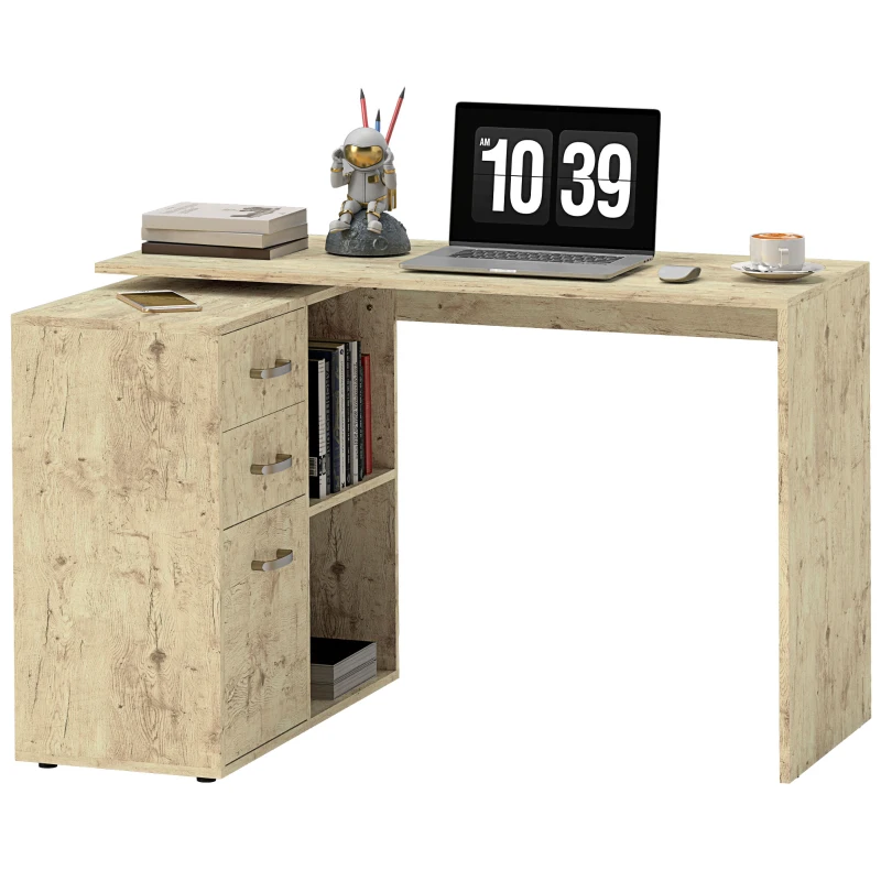 HOMCOM Birou de Colț pentru PC cu 2 Sertare și Rafturi Deschise, Birou de Colț în Formă de L, 117x83,5x76 cm, Lemn Natural
