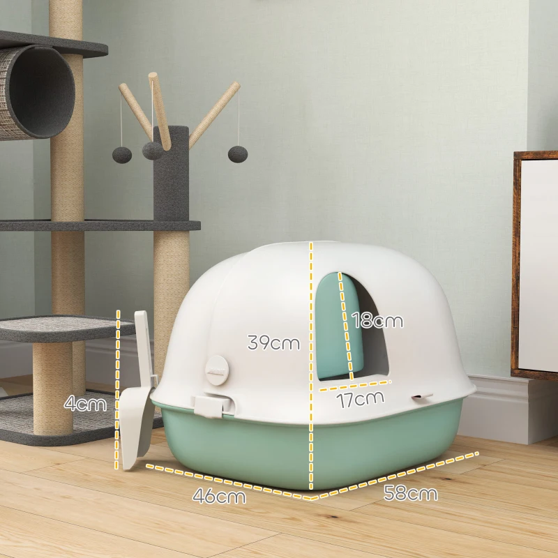 PawHut Kattenbak met deksel en intern kanaal, Deur, Schep, Eenvoudig te reinigen, Kunststof, Groen