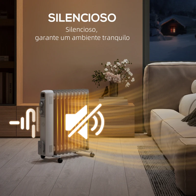 HOMCOM Aquecedor a Óleo Silencioso 2500W com Temperatura Ajustável 3 Ajustes de Aquecimento para 25 m² 29x49x62 cm Branco