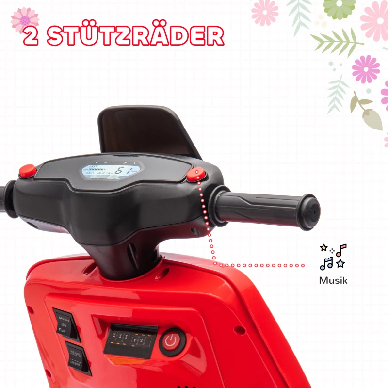 AIYAPLAY 6V Elektrische Kindermotor met Koplamp en Muziek, Voor- en Achteruit, Trainingswielen, 18-36 Maanden, Rood