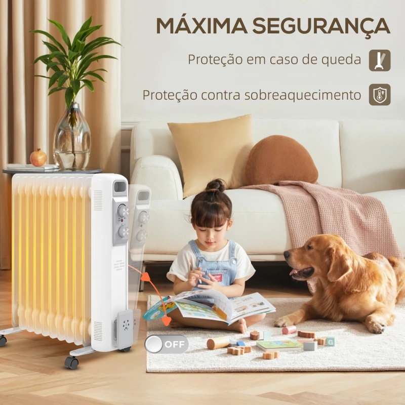 HOMCOM Aquecedor a Óleo Silencioso 2500W com Temperatura Ajustável 3 Ajustes de Aquecimento para 25 m² 29x49x62 cm Branco