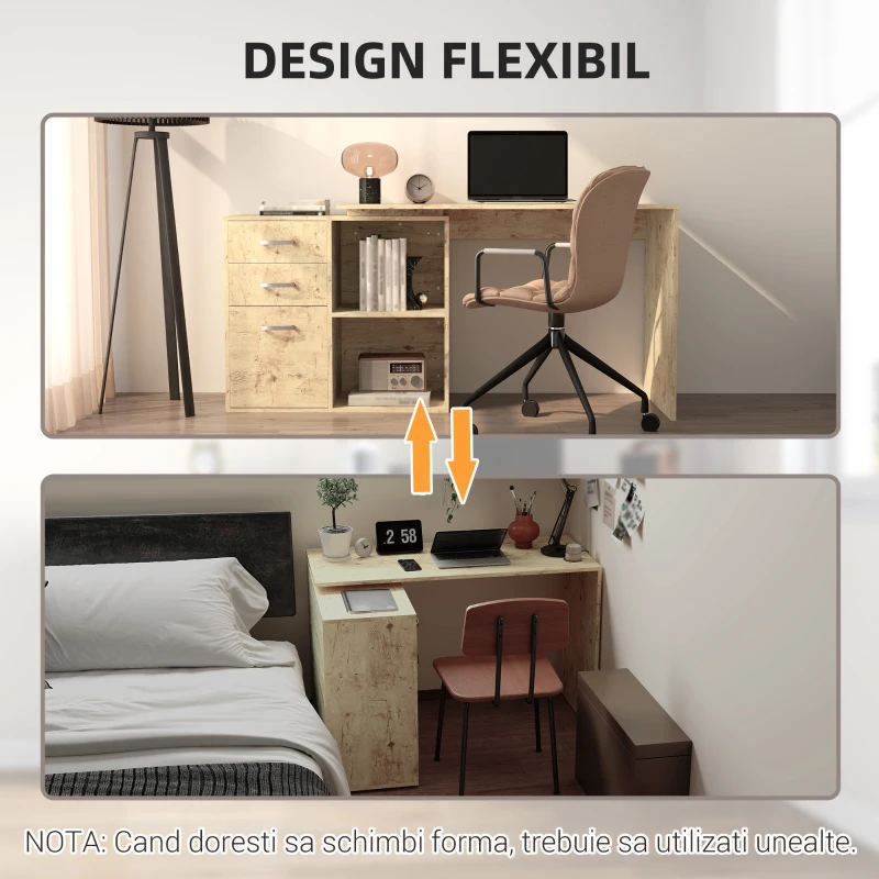 HOMCOM Birou de Colț pentru PC cu 2 Sertare și Rafturi Deschise, Birou de Colț în Formă de L, 117x83,5x76 cm, Lemn Natural