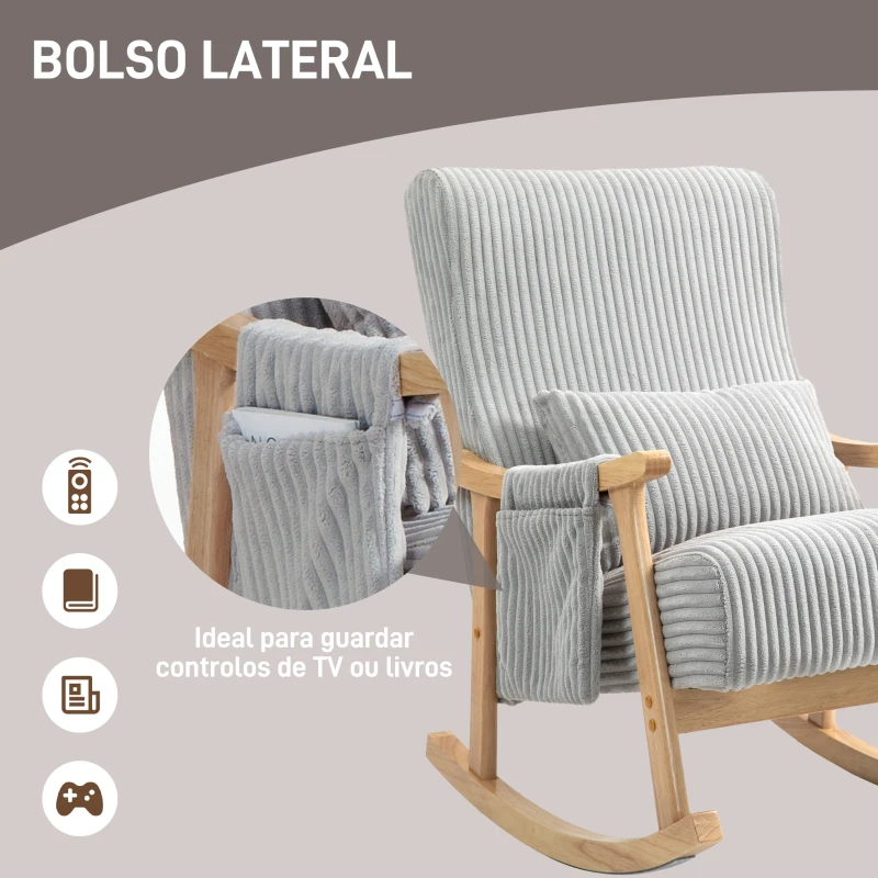 HOMCOM Poltrona Baloiço Moderna em Veludo Cotelê com Apoio para os Braços Almofada Lombar e Bolso Poltrona de Amamentação 65x90x98 cm Cinza
