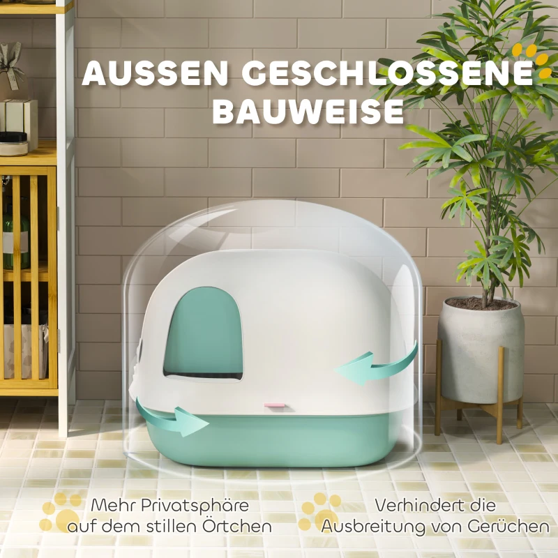 PawHut Kuweta dla kota z pokrywą, z wewnętrznym tunelem, drzwiczkami, łopatką, łatwa do czyszczenia, plastikowa, Zielona