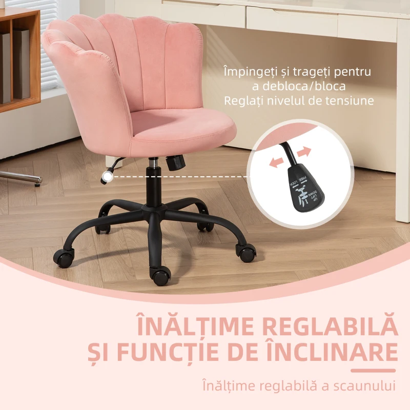 HOMCOM Scaun de Birou cu Spătar în Formă de Petală cu Înălțime Reglabilă, Rotile și Șezut Rotativ, 69x64x80-90 cm, Roz