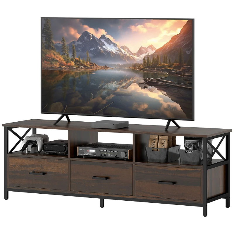 HOMCOM Dulap TV 65" în Stil Industrial cu 3 Sertare și 3 Rafturi Deschise, Dulap TV din Lemn, 147x40x50 cm, Negru