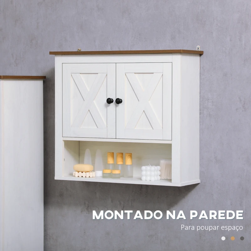 kleankin Armário Casa de Banho de Parede com 2 Portas e Prateleiras de Armazenamento 60x19,5x52,5 cm Branco e Madeira