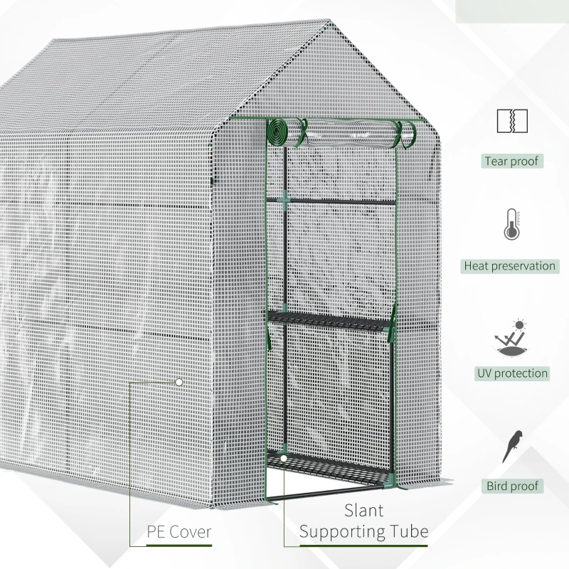 Outsunny Walk-in Greenhouse with 2 Tier 4 Shelves, Small Greenhouse with Reinforced PE Cover, Garden Plant Growhouse with Roll-up Door, 120 x 186 x 190 cm, White