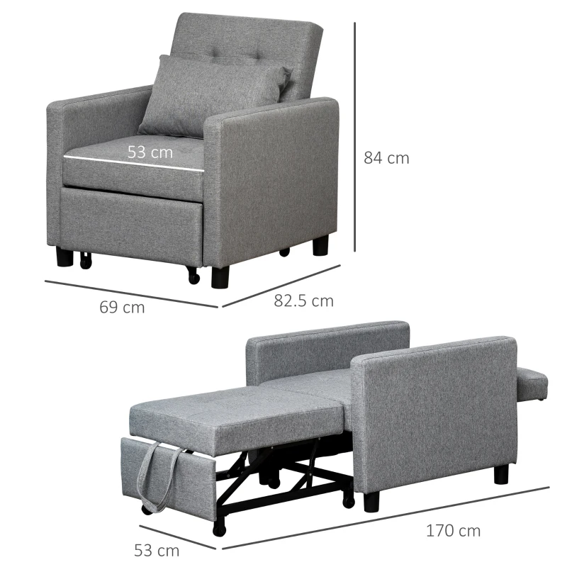 HOMCOM Fotoliu Pat Individual cu Spătar Reglabil pe 3 Nivele și Pernă, Canapea Pat pentru Sufragerie, 69x82,5x84 cm, Gri(m-3)