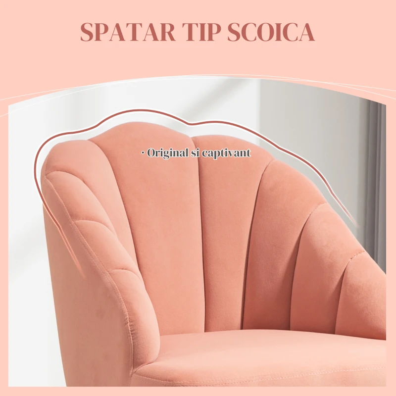 HOMCOM Fotoliu Tapițat cu Spătar în Formă de Cochilie, Fotoliu din Catifea cu Picioare Aurii, 63x65x84 cm, Roz