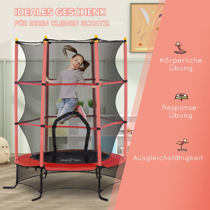 HOMCOM Kindertrampoline, Ø163 cm, met Veiligheidsnet, voor Binnen en Buiten, Belasting Tot 50 kg, Staal, Kunststof, Rood