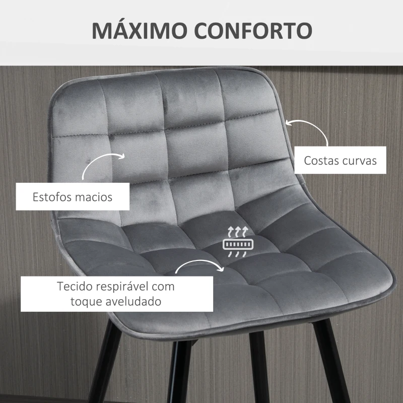 HOMCOM Conjunto de 2 Bancos de Bar com Encosto e Apoio para os Pés Bancos Altos Acolchoados de Estilo Nórdico 45x47x88 cm Cinza