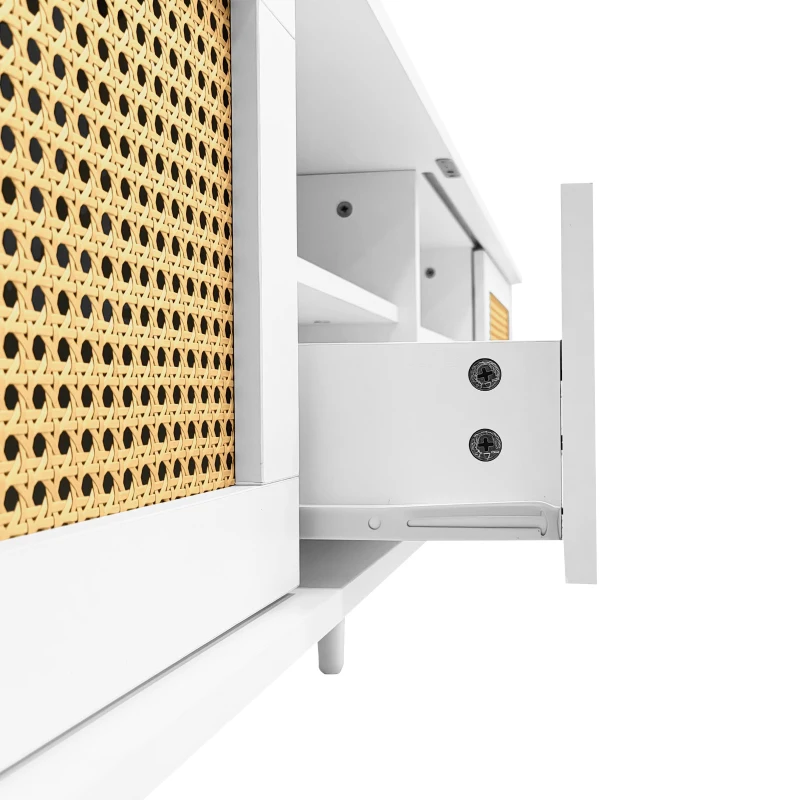 Weißer Rattan-TV-Ständer, geeignet für 90-Zoll-Fernseher, robuste Konstruktion, Weiß