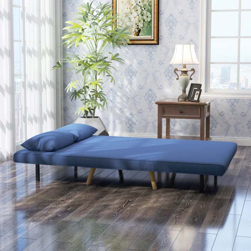 HOMCOM Sofá Cama de 2 Lugares Dobrável Estofado em Linho com Encosto Ajustável em 5 Posições e 2 Almofadas 120x75x85 cm Azul Escuro
