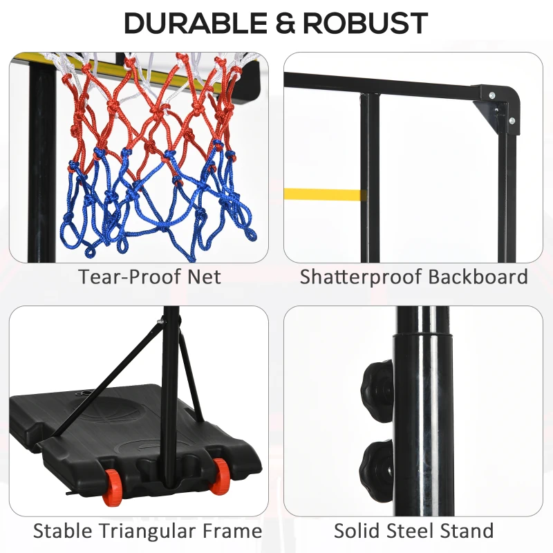 SPORTNOW Coș de Baschet pentru Copii 6-14 Ani, Coș de Baschet cu Înălțime Reglabilă, Roți și Bază Umplută, 71x46 cm, Galben
