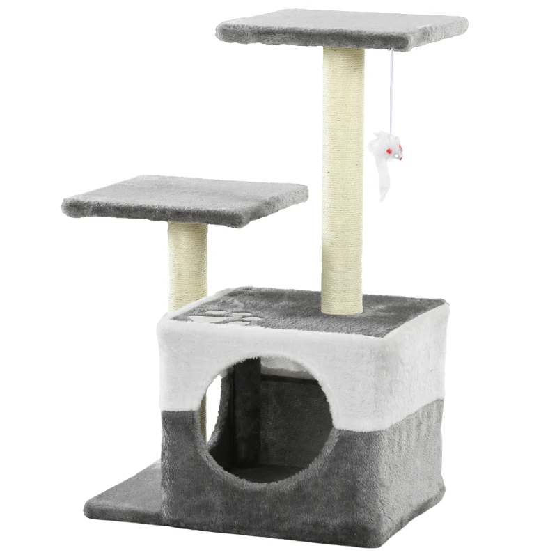 PawHut Cat Tree w/ Sisal Scratching Posts, House, Perches, Toy Mouse, Grey