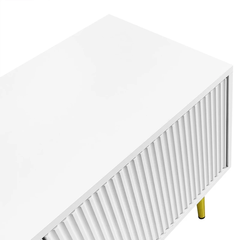 Élégant meuble TV avec pieds et poignées dorés, 2 portes avec rainures verticales et verre courbé, charnières silencieuses, Blanc