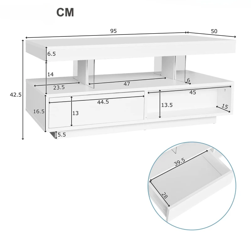 Tavolino da caffè bianco lucido con 4 inserti in vetro, 2 cassetti e 2 vani aperti, Bianco