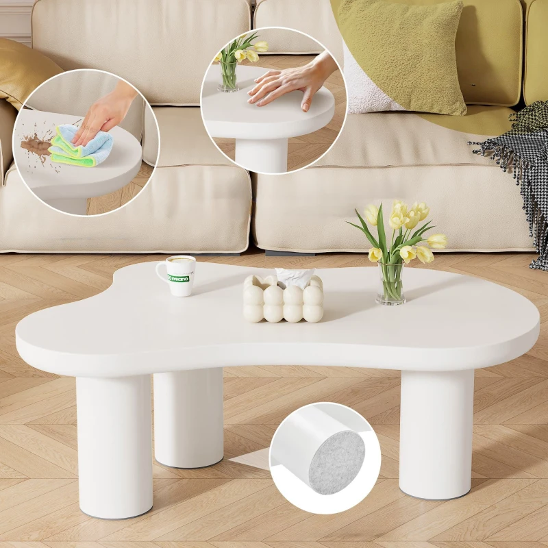 Table basse irrégulière en forme de nuage, plateau en MDF et pieds en PVC, avec sous-couche en feutre, Blanc