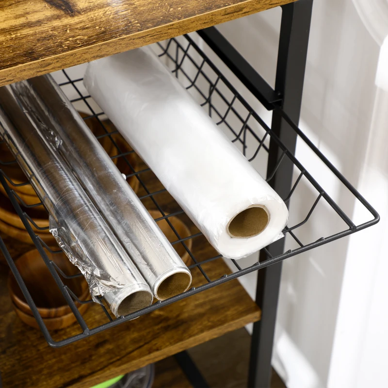 HOMCOM Estante de Cozinha Estilo Industrial com Tomada Elétrica Prateleiras Ajustáveis Ganchos e Cesta Metálica 90x40x83 cm Marrom Rústico
