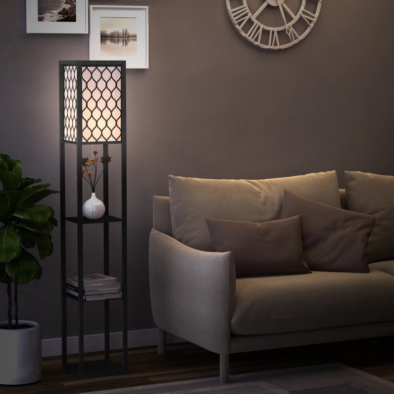 HOMCOM Shelf Floor Lamp Standing Lamp W/4-tier Wooden Open Shelves,26L x 26W x 160Hcm-Black/White