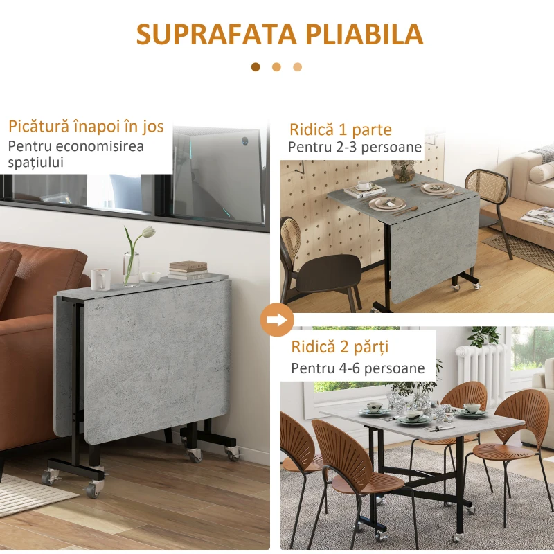 HOMCOM Masă Pliabilă pentru 4-6 Persoane, Masă de Bucătărie Modernă cu Spațiu Economic și 6 Roți, 120x80x73 cm, Gri(m-5)