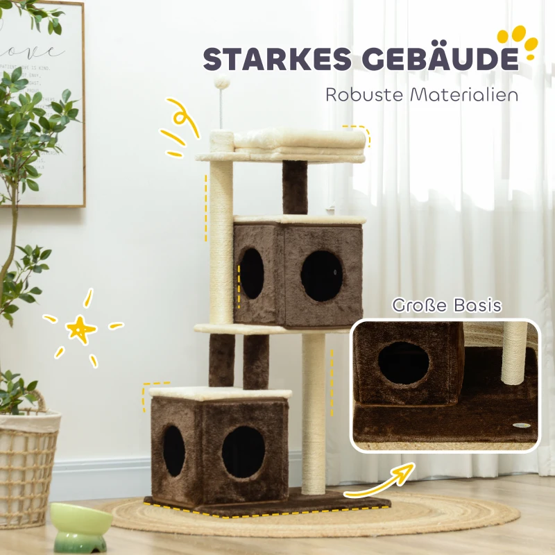 PawHut Kattenboom, deelbare kattentoren met krabpalen, springplatforms, voor binnenshuis, Donkerbruin+Beige