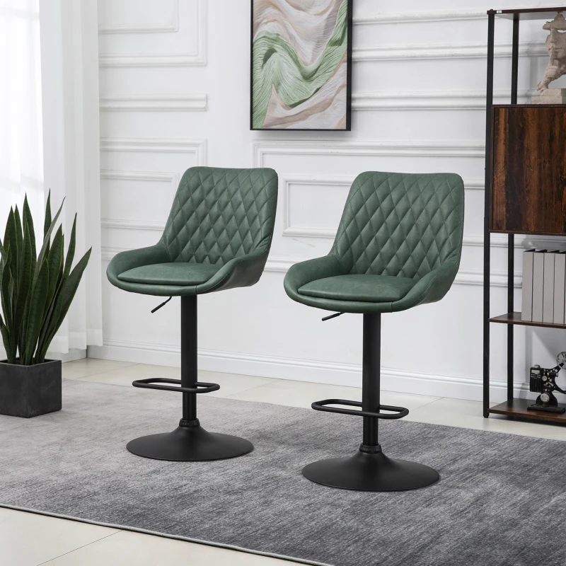 HOMCOM Retro Bar Stools Set of 2, Adjustable Kitchen Stool, Upholstered Bar Chairs with Back, Swivel Seat, Green