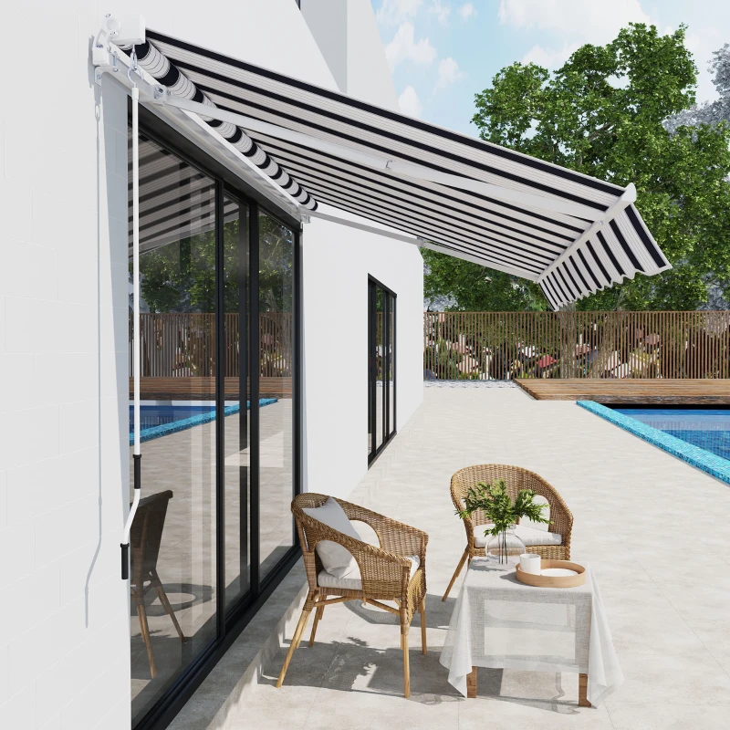 Outsunny Manual Retractable Awning, 2.5x2 m-Dark Blue/White Stripes