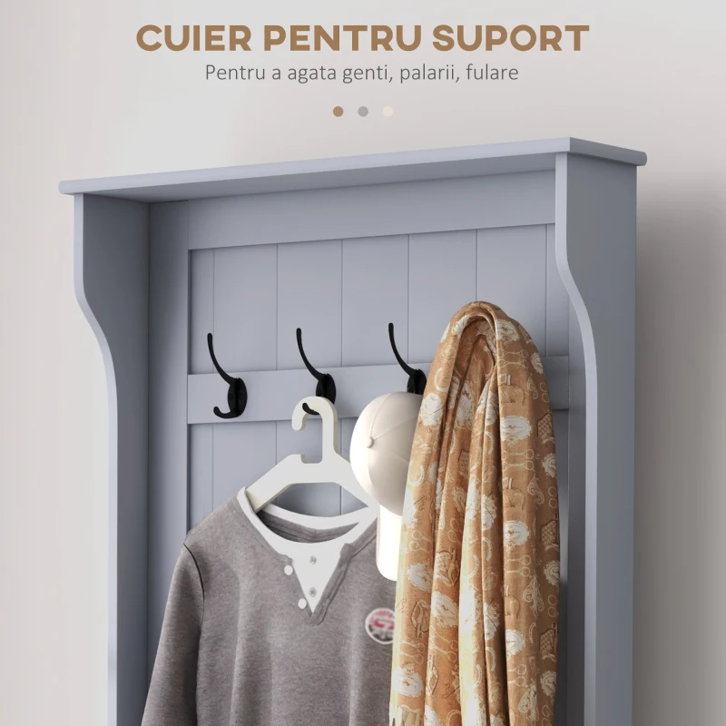 HOMCOM Cuier 3 în 1 cu 4 Cârlige, Bancă Depozitare și Cuier, Mobilier cu Spațiu de Depozitare, 71,5x39,5x170 cm, Gri(m-5)