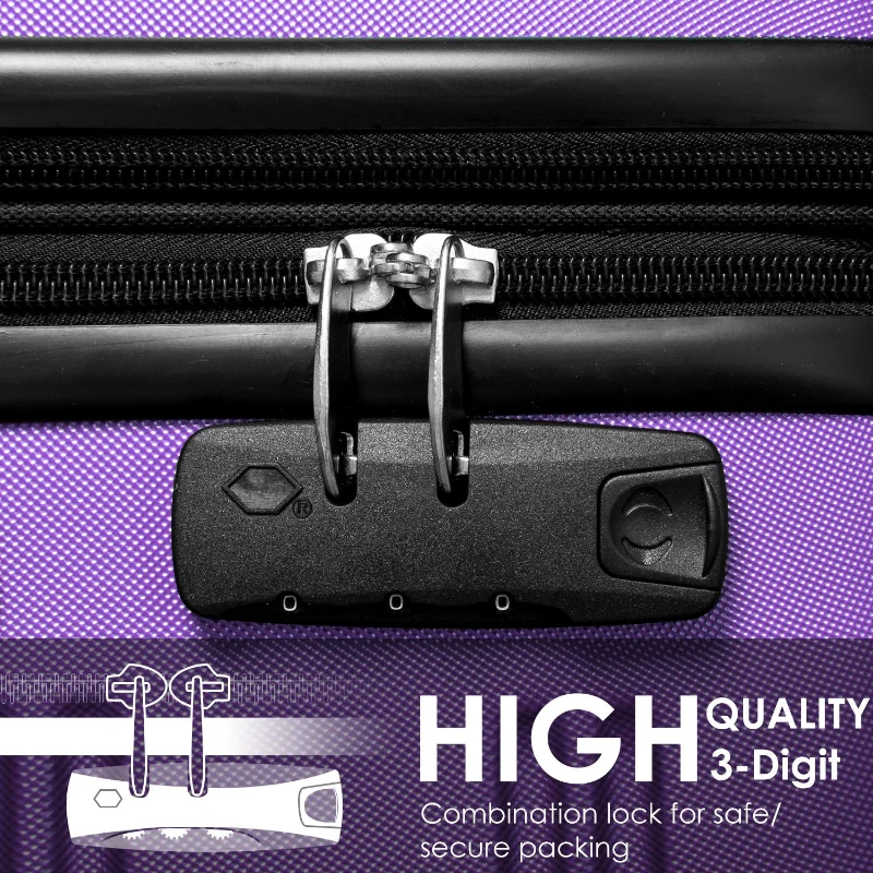 24" 4-Wheel ABS Hard Shell Travel Trolley Suitcase with Telescoping Handle, Luggage with Combination Lock, 45L × 28W × 69H cm, Purple