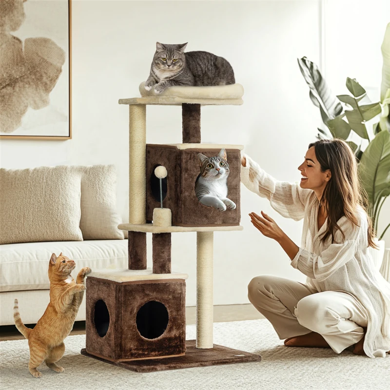 PawHut Kattenboom, deelbare kattentoren met krabpalen, springplatforms, voor binnenshuis, Donkerbruin+Beige