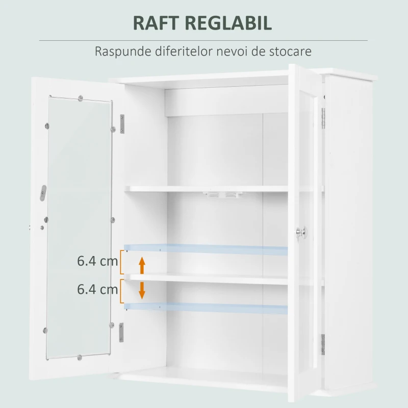 Kleankin Dulap de Baie Suspendat cu 2 Uși din Lemn și Sticlă, Dulap de Perete Multifuncțional, 55x20x65 cm, Alb