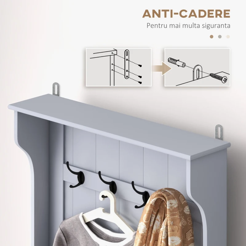 HOMCOM Cuier 3 în 1 cu 4 Cârlige, Bancă Depozitare și Cuier, Mobilier cu Spațiu de Depozitare, 71,5x39,5x170 cm, Gri(m-7)