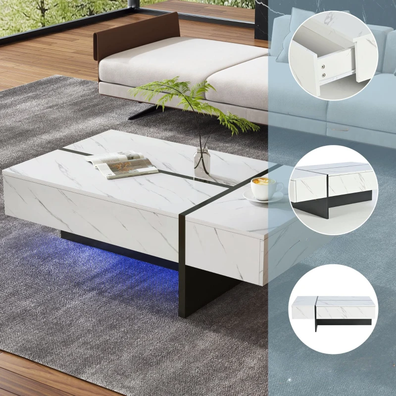 Tavolino da Salotto Moderno con 3 Cassetti e Illuminazione LED, Elegante Motivo Marmo, Gambe Irregolare, 105x60x35 cm, Bianco