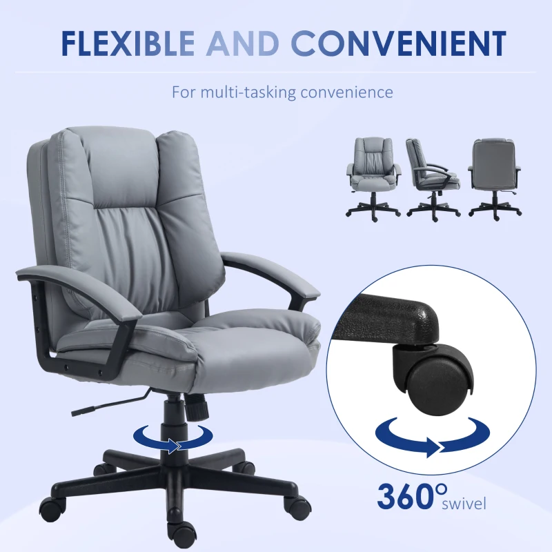 HOMCOM Office Chair, Faux Leather Computer Desk Chair, Mid Back Executive Chair with Adjustable Height and Swivel Rolling Wheels for Home Study, Light Grey(m-6)