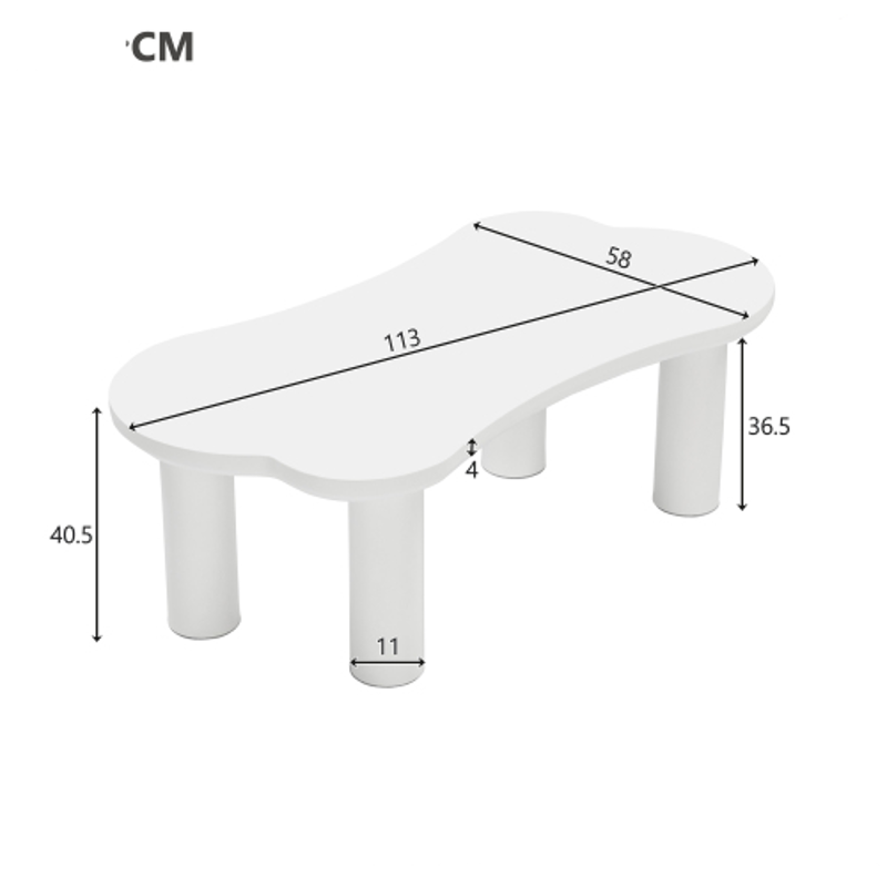 Tavolino da caffè irregolare a forma di osso, piano in MDF e gambe in PVC, con base in feltro, Bianco